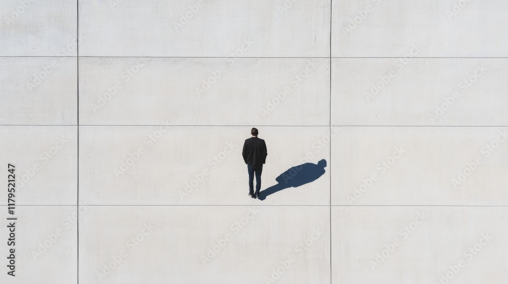Man in suit standing on large tiled surface, shadow cast.