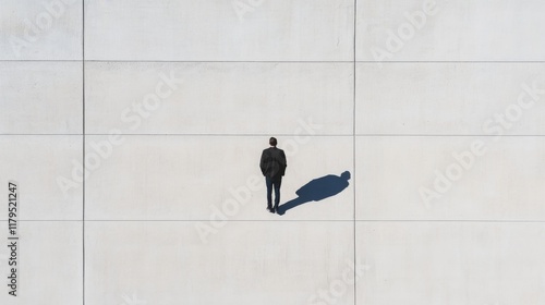Obraz na płótnie Man in suit standing on large tiled surface, shadow cast. w salonie