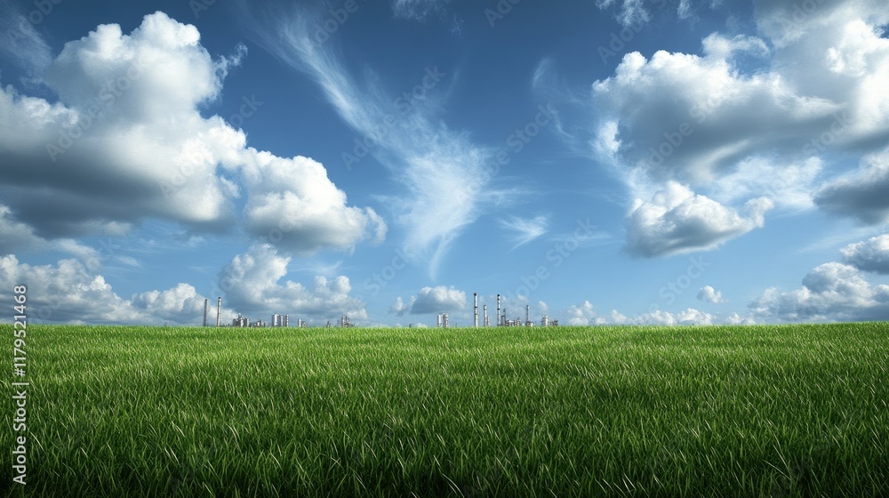 Corn plants grow vibrantly in a field while an oil and gas factory looms in the background, showcasing nature meeting industry