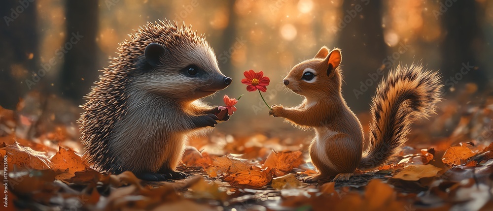 whimsical Valentine s Day scene, hedgehog gifting flower to squirrel, forest setting, heartshaped leaves, mushrooms, soft romantic lighting, digital art, cozy woodland atmosphere whimsical Valentine s Day scene, hedgehog gifting flower to squirrel, forest setting, heartshaped leaves, mushrooms, soft romantic lighting, digital art, cozy woodland atmosphere