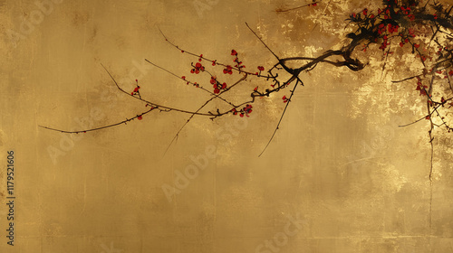 Japan, Japanese pattern, art, folding screen picture, gold, wabi, rust, Japanese spirit, Japanese painting, ink painting, ink painting, classic, ancient art, nightingale, bird, plant, vase, flower, 