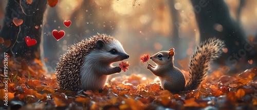 whimsical Valentine s Day scene, hedgehog gifting flower to squirrel, forest setting, heartshaped leaves, mushrooms, soft romantic lighting, digital art, cozy woodland atmosphere photo