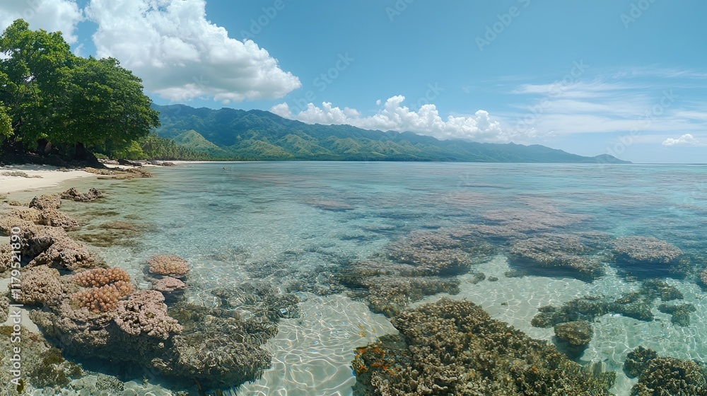 Tropical beach panorama clear water, coral reef,  mountains. Ideal for travel brochures.