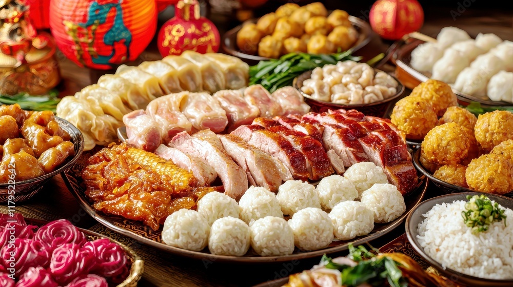 Festive Asian Cuisine Platter with Variety of Dishes, Dumplings, Meat, Rice, and Traditional Decorations for Celebrations and Gatherings Festive Asian Cuisine Platter with Variety of Dishes, Dumplings, Meat, Rice, and Traditional Decorations for Celebrations and Gatherings