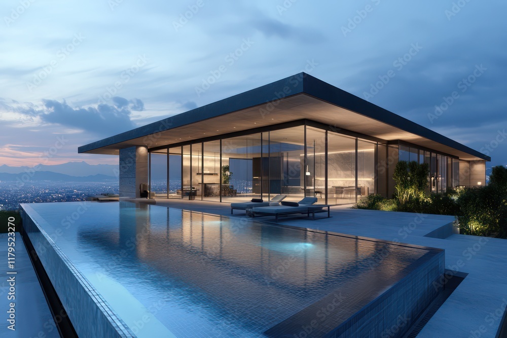Fototapeta premium A sleek contemporary villa featuring a rooftop infinity pool and expansive views