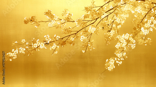 Japan, Japanese pattern, art, folding screen picture, gold, wabi, rust, Japanese spirit, Japanese painting, ink painting, ink painting, classic, ancient art, nightingale, bird, plant, vase, flower,