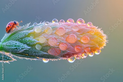 enchanting macro photography of dewdropcovered ladybug perched on emerald green rice plant at sunrise natural morning light photo