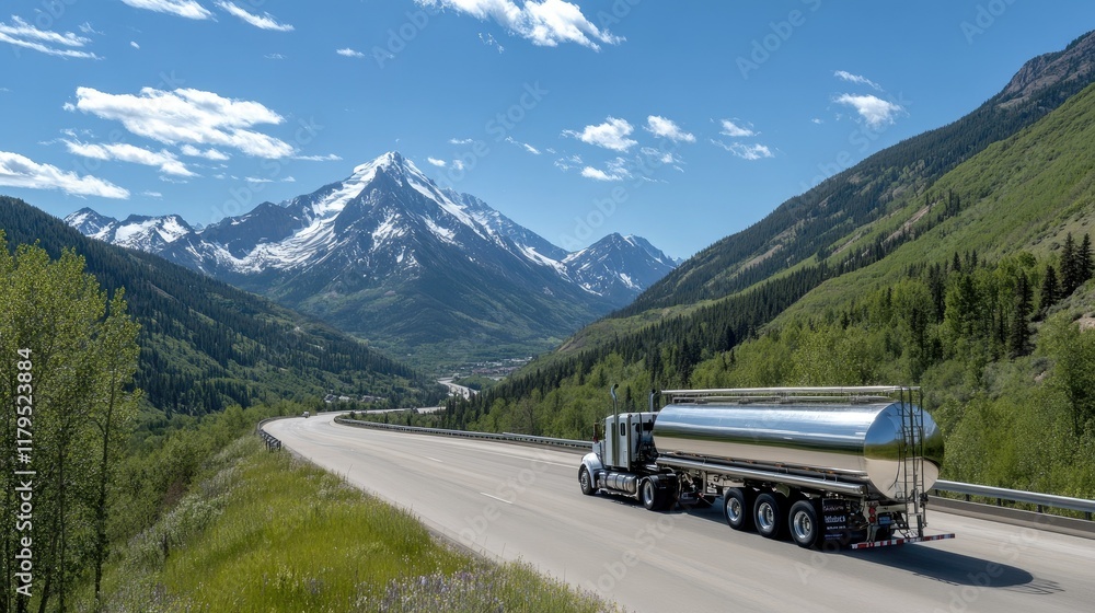 A shiny fuel oil truck travels down a highway with green mountains and a clear blue sky in the background, displaying natural beauty A shiny fuel oil truck travels down a highway with green mountains and a clear blue sky in the background, displaying natural beauty