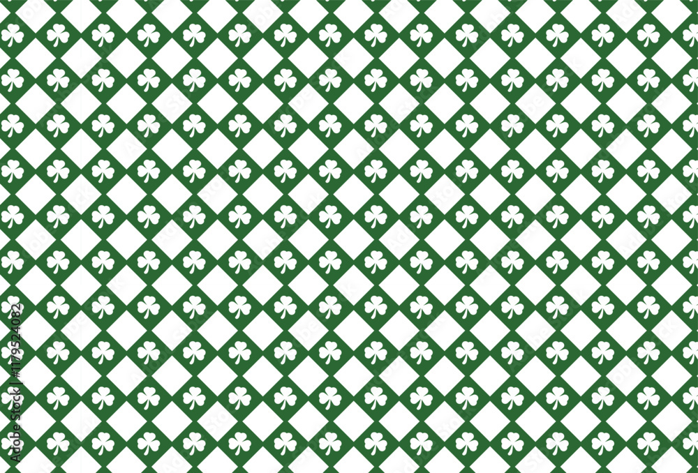 Vector Green and White Shamrock Pattern with Geometric Design in Symmetrical Arrangement for St. Patrick's Day Vector Green and White Shamrock Pattern with Geometric Design in Symmetrical Arrangement for St. Patrick's Day