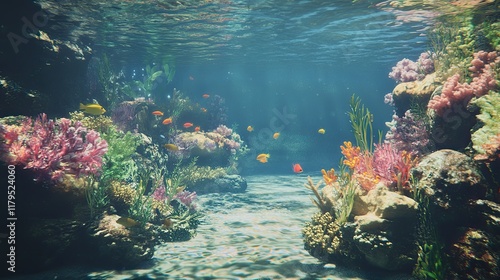 Vibrant coral reef underwater scene, fish swimming, sunlight, ocean background, ideal for aquarium displays. photo