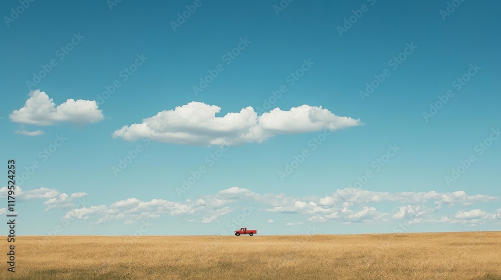 Red truck on vast, golden field under a clear blue sky with fluffy clouds. Red truck on vast, golden field under a clear blue sky with fluffy clouds.