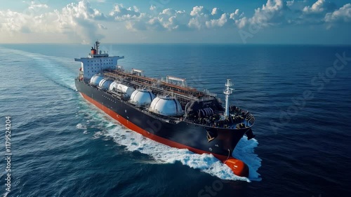 Majestic LNG ship navigating the vast ocean under a clear blue sky, cargo vessel in sea. Concept of liquefied gas, industry, energy, shipping. 