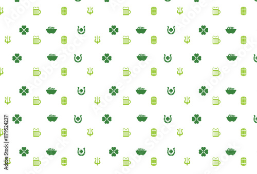 Vector Seamless Festive St. Patrick's Day Pattern with Shamrocks, Horseshoes, Harps, and Beer Icons