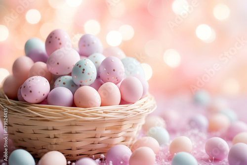 Soft-focus image of Easter basket filled with eggs and candies, pastel colors