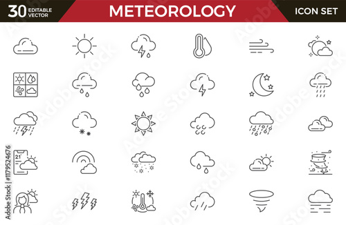 Set of outline icons related to weather. Linear icon collection. Editable stroke. Vector illustration.