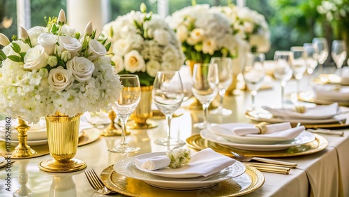 Elegant Wedding Table Setting: Romantic Decor, White Flowers, Gold Cutlery photo