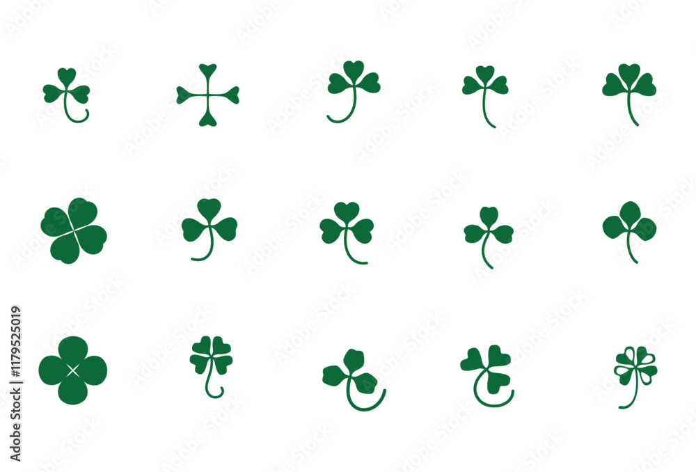 Fototapeta premium Vector 15 Icon Set 4 (of 4) Green Shamrock and Clovers for St. Patricks Day Celebrations or Lucky Design
