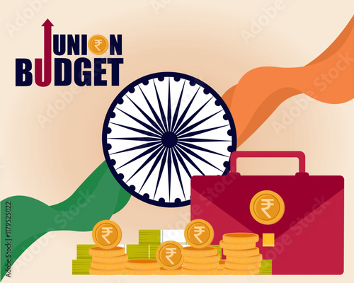 Indian union budget india economy with red suitcase financial indian rupees and india flag design banner