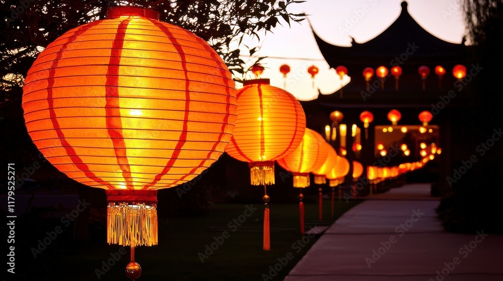 Obraz premium Illuminated orange lanterns lining a serene pathway leading to traditional architecture during twilight in an Asian cultural setting