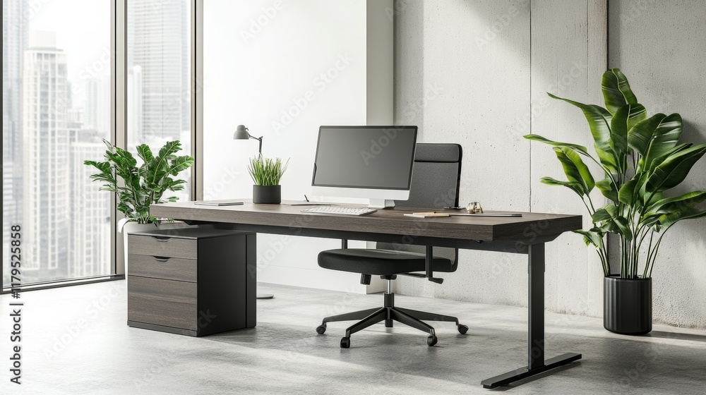 A modern office desk with a laptop, monitor, and plant. sleek, minimal design features open space, technology and productivity. room is empty, offering a clean and organized workspace A modern office desk with a laptop, monitor, and plant. sleek, minimal design features open space, technology and productivity. room is empty, offering a clean and organized workspace