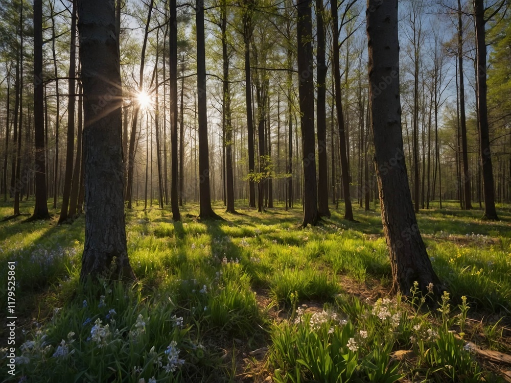 Fototapeta premium sunny clearing in the forest as a background with sun rays breaking through the tree crowns blooming forest flowers