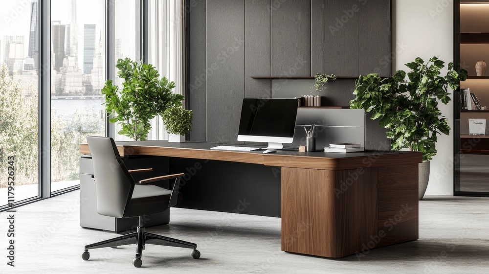 Fototapeta premium A modern office desk with a laptop, monitor, and plant. sleek, minimal design features open space, technology and productivity. room is empty, offering a clean and organized workspace