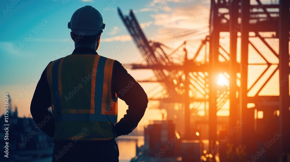 Back view of a worker overseeing cargo operations at port Back view of a worker overseeing cargo operations at port