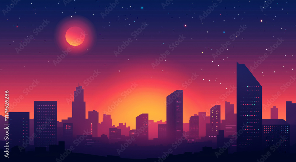 Night Cityscape With Glowing Sun And Starry Sky Vibrant Urban Skyline Illustration Night Cityscape With Glowing Sun And Starry Sky Vibrant Urban Skyline Illustration