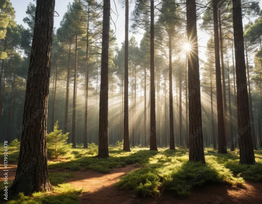 Sunbeams Illuminate Misty Pine Forest at Dawn: Magical Sun Rays Through Trees Sunbeams Illuminate Misty Pine Forest at Dawn: Magical Sun Rays Through Trees