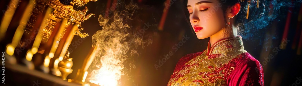 Obraz premium Elegant Asian woman in traditional attire standing next to illuminated incense burner with a mystical atmosphere and soft smoke effects in the background