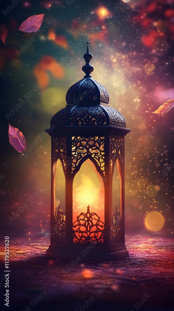 Ramadan themed greeting poster design. Lanterns for Eid al-Fitr and Ramadan Kareem with soft light and leaves background, with space for text Ramadan themed greeting poster design. Lanterns for Eid al-Fitr and Ramadan Kareem with soft light and leaves background, with space for text