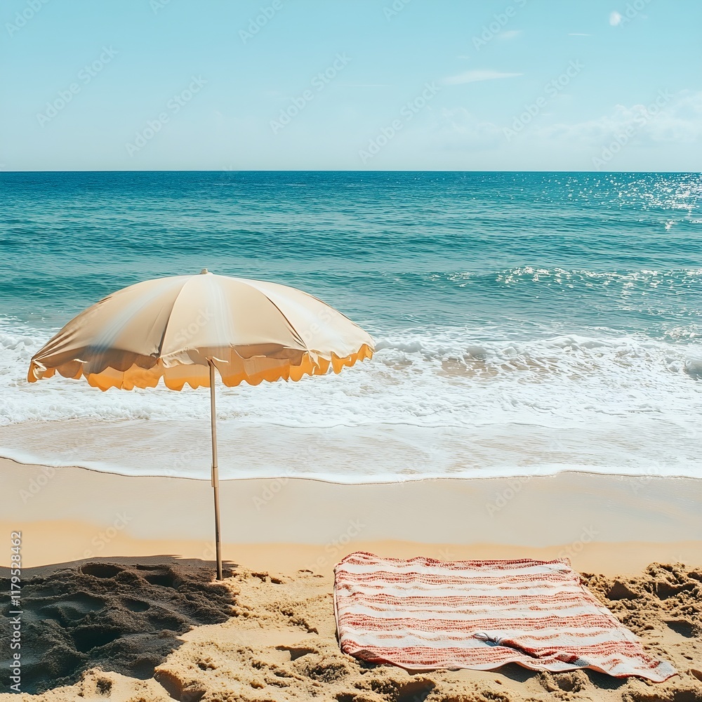 A photo of a beach umbrella and towel set up near the waves on a pristine shoreline. A photo of a beach umbrella and towel set up near the waves on a pristine shoreline.