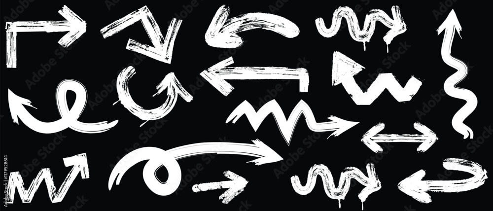 Brush, marker drawn bold arrows set. Collection of hand drawn doodle thick arrows in different directions. Brush, marker drawn bold arrows set. Collection of hand drawn doodle thick arrows in different directions.