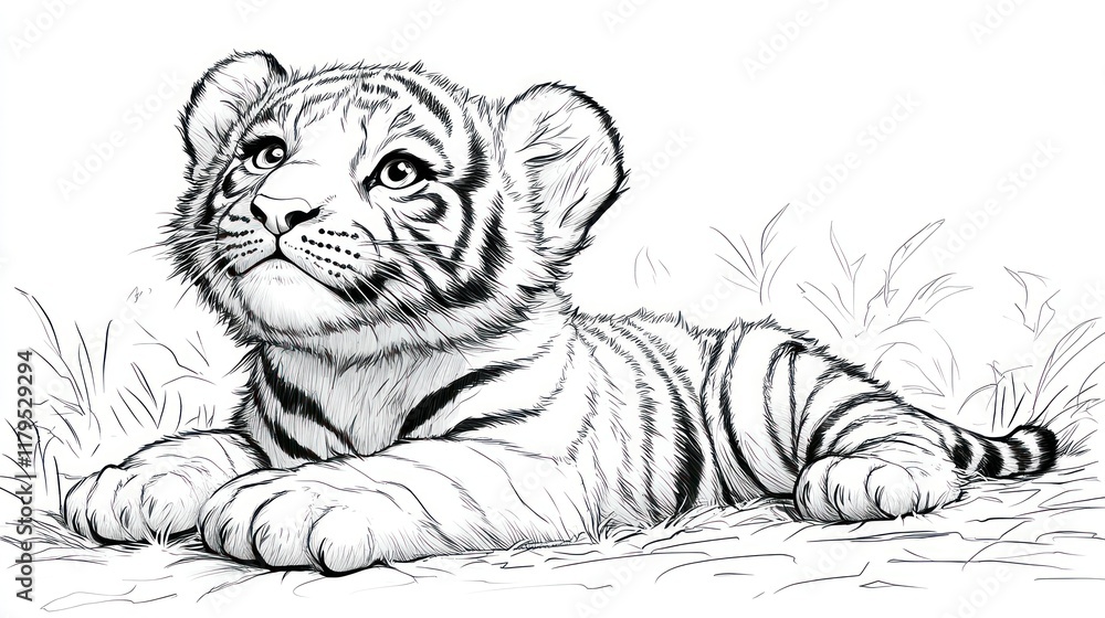 Obraz premium Adorable tiger cub lying in grass, looking up.