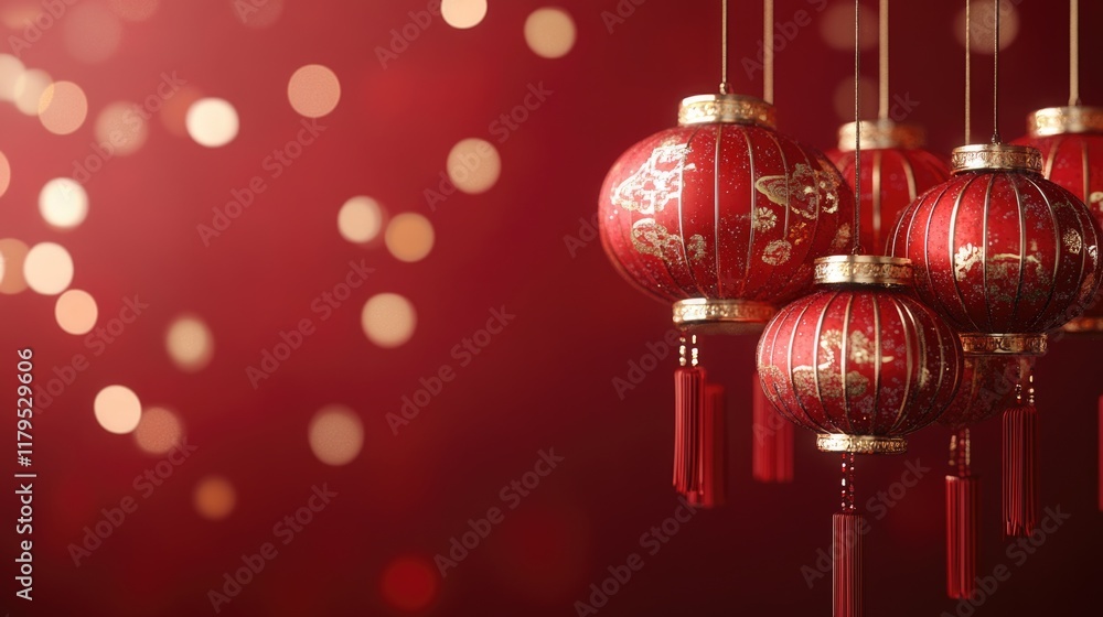 Vibrant red chinese lanterns hanging amidst festive bokeh on red background. Chinese New Year Vibrant red chinese lanterns hanging amidst festive bokeh on red background. Chinese New Year