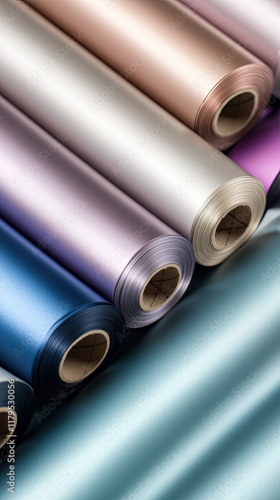 Fototapeta premium Rolls of plastic film used on a printing press to create advertising banners and posters in a factory environment
