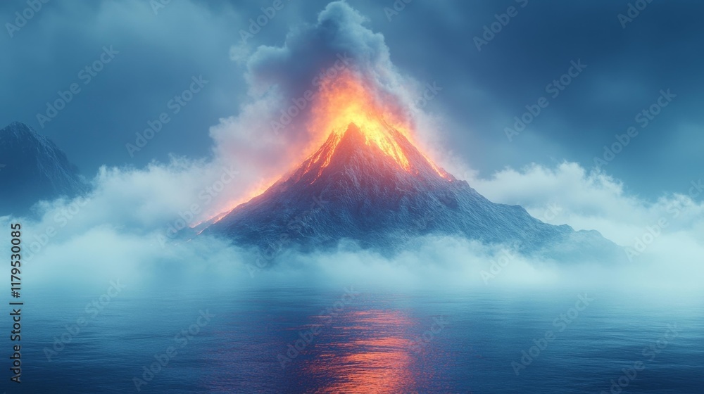 Fototapeta premium Fiery Volcano with Smoke and Lava Eruption. Generative AI