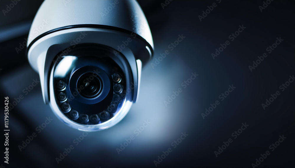 Security camera in modern indoor. CCTV. Safety and monitoring. Blurred dark backdrop. Security camera in modern indoor. CCTV. Safety and monitoring. Blurred dark backdrop.