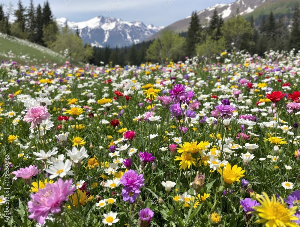 Obraz premium Vibrant Wildflower Meadow in Full Bloom Against Majestic Mountain Range