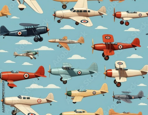Vintage Airplane Seamless Pattern: Retro Biplanes and Monoplanes in Flight