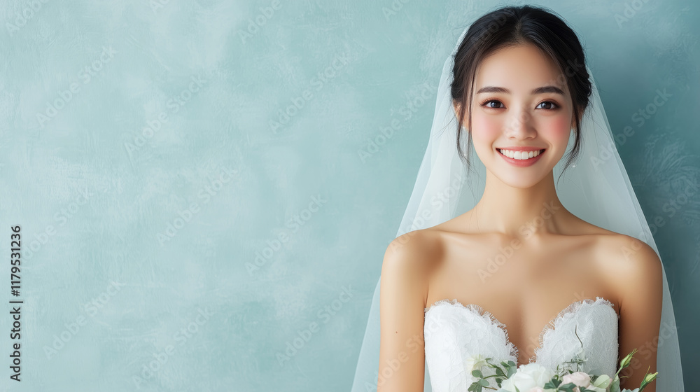 Smiling bride in a white lace wedding dress holding a bouquet against a soft blue background. Bridal portrait for wedding articles and beauty advertisements. Smiling bride in a white lace wedding dress holding a bouquet against a soft blue background. Bridal portrait for wedding articles and beauty advertisements.