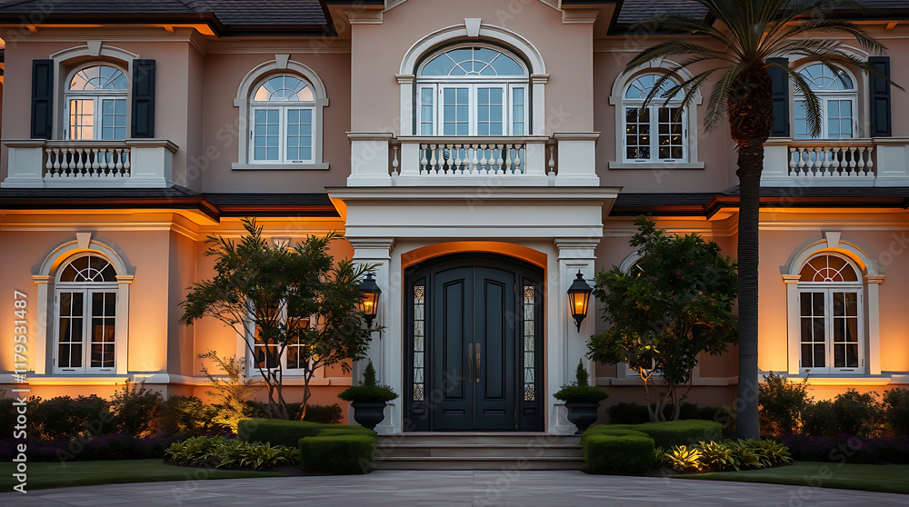 Fototapeta premium Exterior View of a Two-Story House with Architectural Details at Dusk
