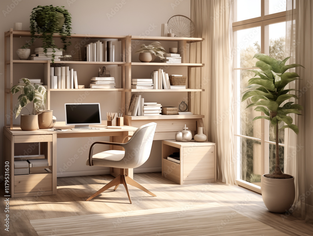 Simple minimalist scandinavian style home office with natural wood furniture in neutral colors. Home office with desk and shelves. Simple minimalist scandinavian style home office with natural wood furniture in neutral colors. Home office with desk and shelves.