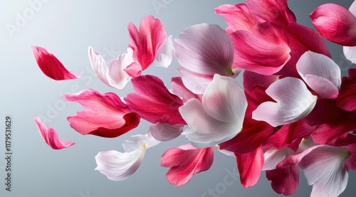 This captivating image showcases an ethereal collection of pink and white flower petals gracefully swirling, evoking a sense of movement and beauty in nature.