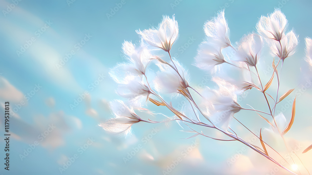 Fototapeta premium Delicate, feathery milkweed seeds drift gently through the air, carrying the promise of new life, against a soft, serene, and dreamy blue sky background. Windborne. Illustration