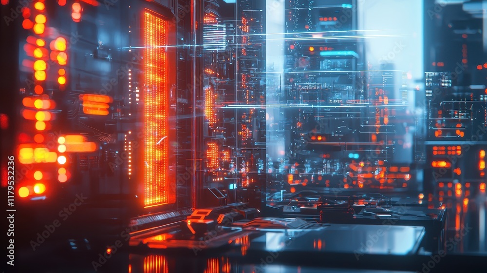 Obraz premium Futuristic Data Center Environment with Neon Lights and Complex Computer Systems for Technology Background