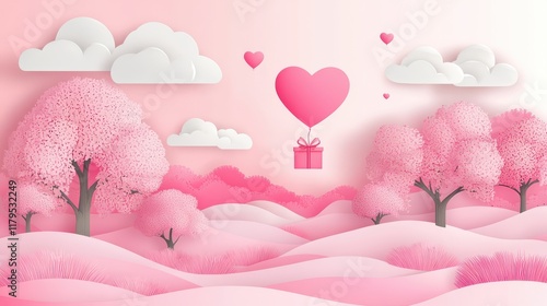 Romantic Valentine's Day scene with heart-shaped balloons and gift boxes floating in a dreamy paper-cut art style.