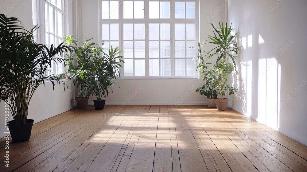 Empty white room with a wooden floor and plants . Empty white room with a wooden floor and plants .