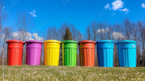 Colorful Recycling Bins Outdoors - Six vibrant bins symbolize recycling, environmentalism, community, waste management, and sustainability. photo