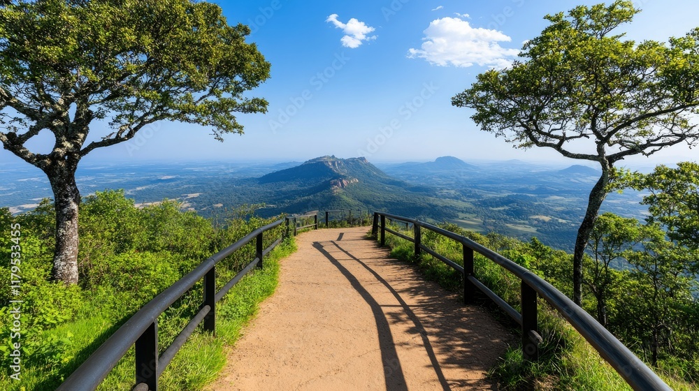 A peaceful hilltop view features a fence with a stunning mountain backdrop in India under a clear blue sky A peaceful hilltop view features a fence with a stunning mountain backdrop in India under a clear blue sky